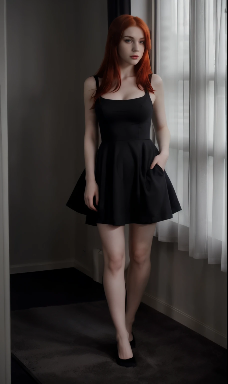 pretty woman standing, noshowsocks, red head, red hair, pale skin, medium breast, grey eyes, sexy black dress, dark lighting, dark room