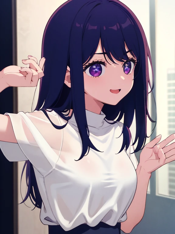 Stable Diffusion prompt:
Aihoshino, Aihoshino, long hair, bangs, (purple hair), (purple eyes:1.1), (symbol-shaped pupils:1.5), 1 girl, perfect smile. Accessory: hair clip, headband. Wearing a black bikini, cute abdomen, big glutes.
Break: Nighttime scene, buildings, lots of lighting.
Rest: Facing the viewer.
Pause: (GoodHands-beta2:1), (masterpiece:1.2), best quality, high resolution, 8k unity wallpaper, (illustration:0.8), (beautiful detailed eyes:1.6), extremely detailed face, Perfect lighting, extremely detailed CG, (perfect hands, perfect anatomy).