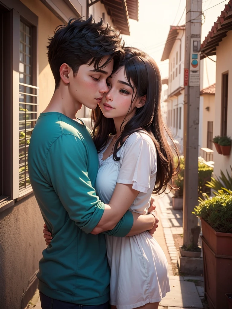A boy and a girl in their 20s hugging each other, lindo casal, romantic kiss, apaixonados, numa cidade bonita, detalhada (imagem detalhada.)