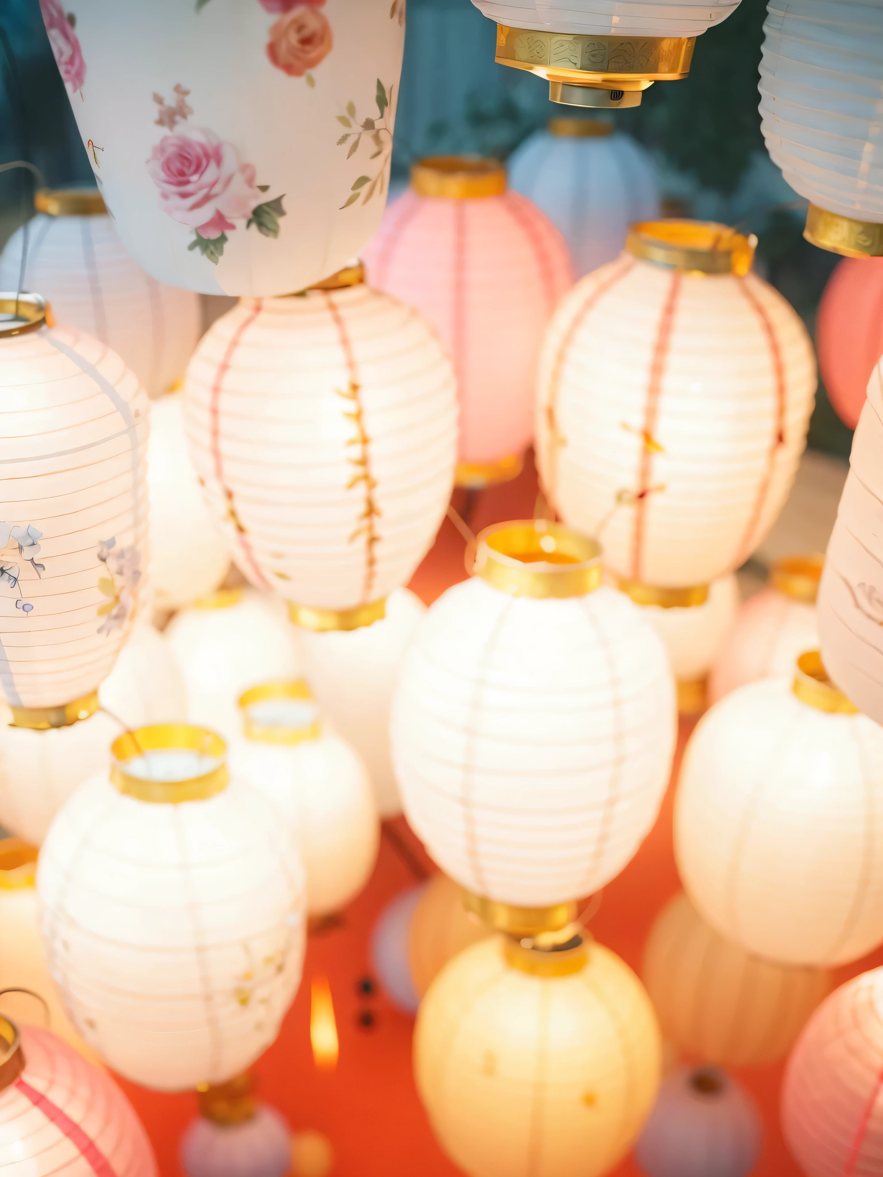 there are many white and pink paper lantern hanging from the ceiling, lantern, colorful lantern, colorful paper lantern, glowing paper lantern, chinese lantern, glowing lantern, with paper lantern, street lantern are shining, evening lantern, street lantern glow, Beautiful lit lamp, lantern灯, tea drinking and paper lantern, lantern灯 besides, warm lantern灯ing, hanging lantern