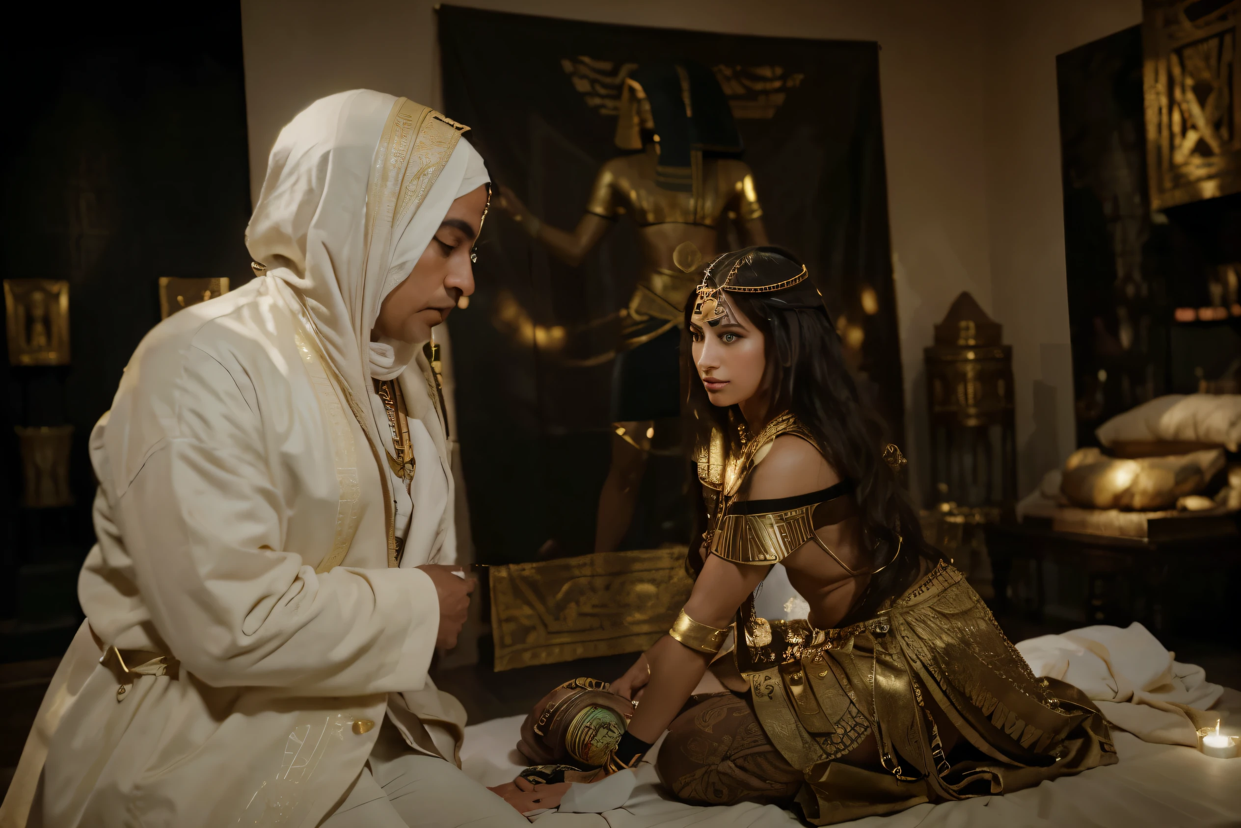 (Best quality, 8k, 32k, Masterpiece, UHD:1.2) "Transform the image into a luxurious Egyptian Museum, where opulence meets ancient mystique. Fill the scene with an exquisite collection of Egyptian artifacts and paintings, each possessing supernatural roots and influenced by Egyptian Mythos. Enhance the grandeur of the museum with intricate gold accents, ornate pillars, and regal tapestries. Illuminate the artifacts with a soft, golden light, casting a warm glow that highlights the richness of the surroundings. Infuse an air of prestige and mystery, capturing the essence of an exclusive museum that preserves the magic and history of ancient Egypt in a lavish setting." staring at an Egyptian statue.