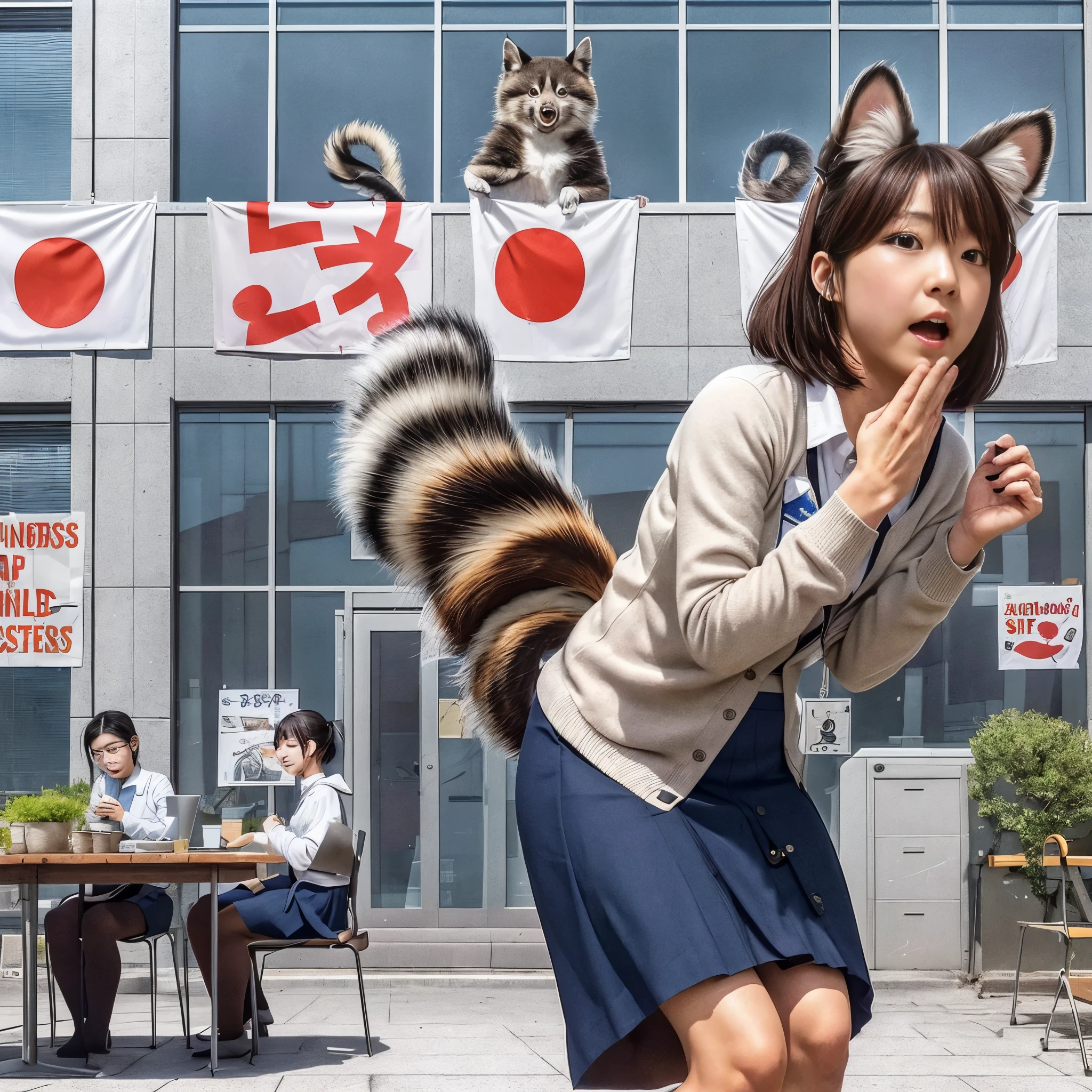A woman wearing a skirt with a tail, cat attacking tokyo,a woman with a tanuki tail, (software) safe for work, on pixiv, fur with tail, software version, realistic style, , realistic style , photograph, 最high quality, (Her skirt is flipped up and her tail is visible.:1.8) ,Reality, small breasts, slender, white panties,tail from above panties, Tail from inside the skirt, bushy tail, realistic tail, flat chest, (software) safe for work, nffsw, retina, muste piece, Accurate, anatomically correct, super detail, advanced details, high quality, 最high quality, High resolution, 1080p, 4k, 8K, The tail is sticking out from inside the skirt, long tail
