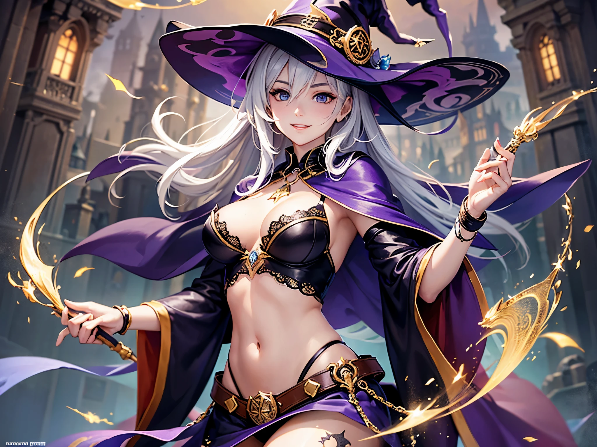 ((highest quality)),(ultra high resolution),(Super detailed),(detailed description),((best CG)),(best work of art),super precision art,great drawing art,(Fantasy art with precise details:1.5), (One Witch:1.6),beautiful and well-shaped face:1.6,make:1.4,long hair flying up:1.5,belly button:1.4,fearless smile:1.6,enchanting witch clothes:1.7,tattoo:1.5,dynamic pose:1.6, Torrent of Light:1.6,intersecting magic circle:1.7,bats flying around:1.6