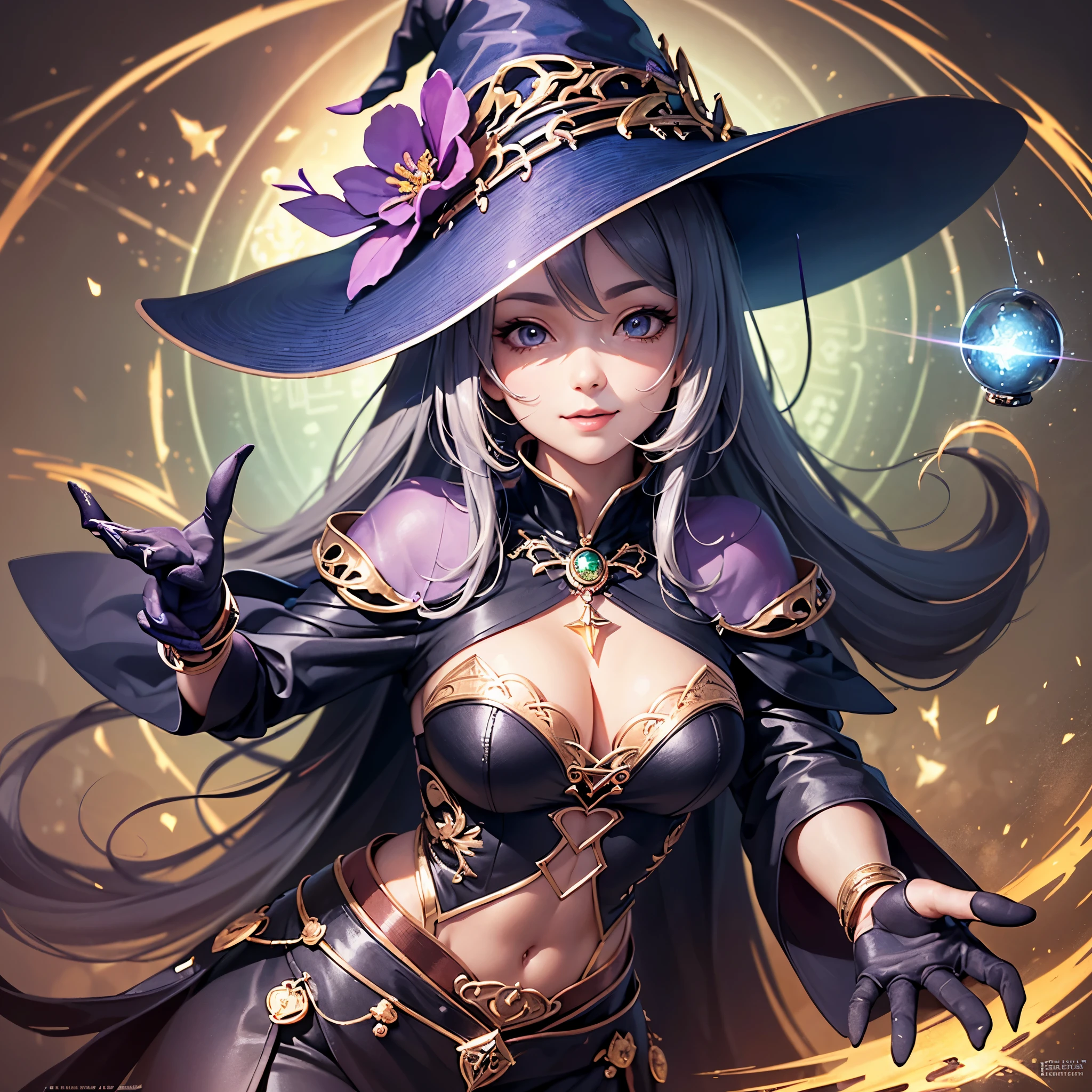((highest quality)),(ultra high resolution),(Super detailed),(detailed description),((best CG)),(best work of art),super precision art,great drawing art,(Fantasy art with precise details:1.5), (One Witch:1.6),beautiful and well-shaped face:1.6,make:1.4,long hair flying up:1.5,belly button:1.4,fearless smile:1.6,enchanting witch clothes:1.7,tattoo:1.5,dynamic pose:1.6, Torrent of Light:1.6,intersecting magic circle:1.7,bats flying around:1.6
