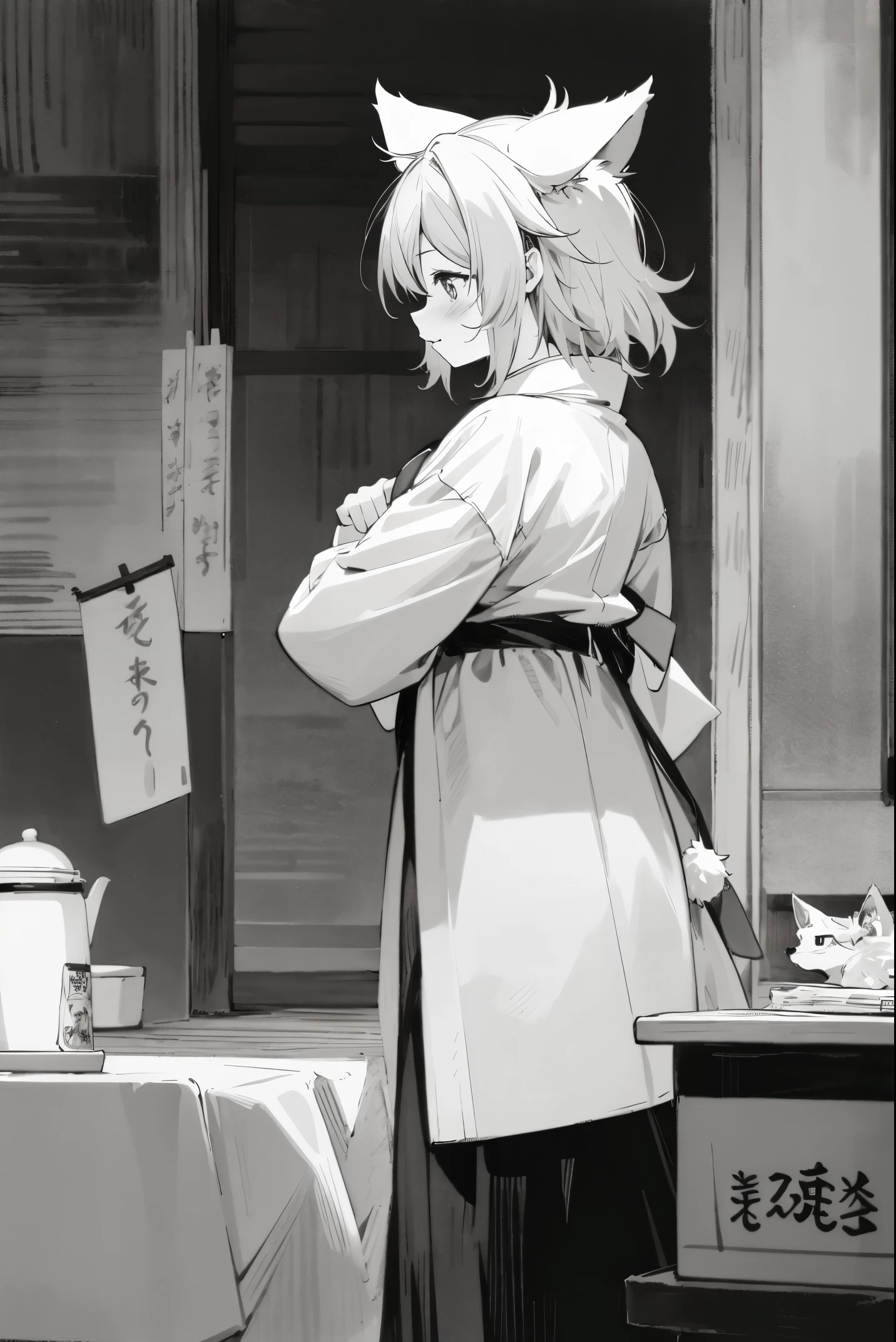 top quality, best quality, highres, unparalleled masterpiece, perfect artwork, paid reward available, indoor, couple of comics(super cute 1girl, 1wolf, kemono, furry anthro)tumblr, sosaku hanga, black and white manga page, manga page, doujin, ddlc, anime, comedy comic, black and white manga panel, zerochan,