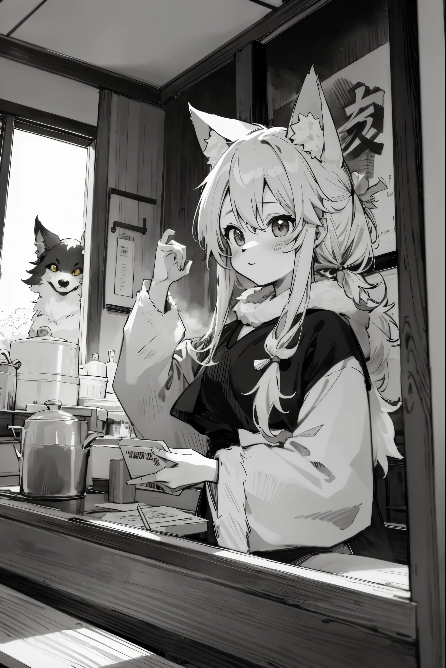 top quality, best quality, highres, unparalleled masterpiece, perfect artwork, paid reward available, indoor, couple of comics(super cute 1girl, 1wolf, kemono, furry anthro)tumblr, sosaku hanga, black and white manga page, manga page, doujin, ddlc, anime, comedy comic, black and white manga panel, zerochan,