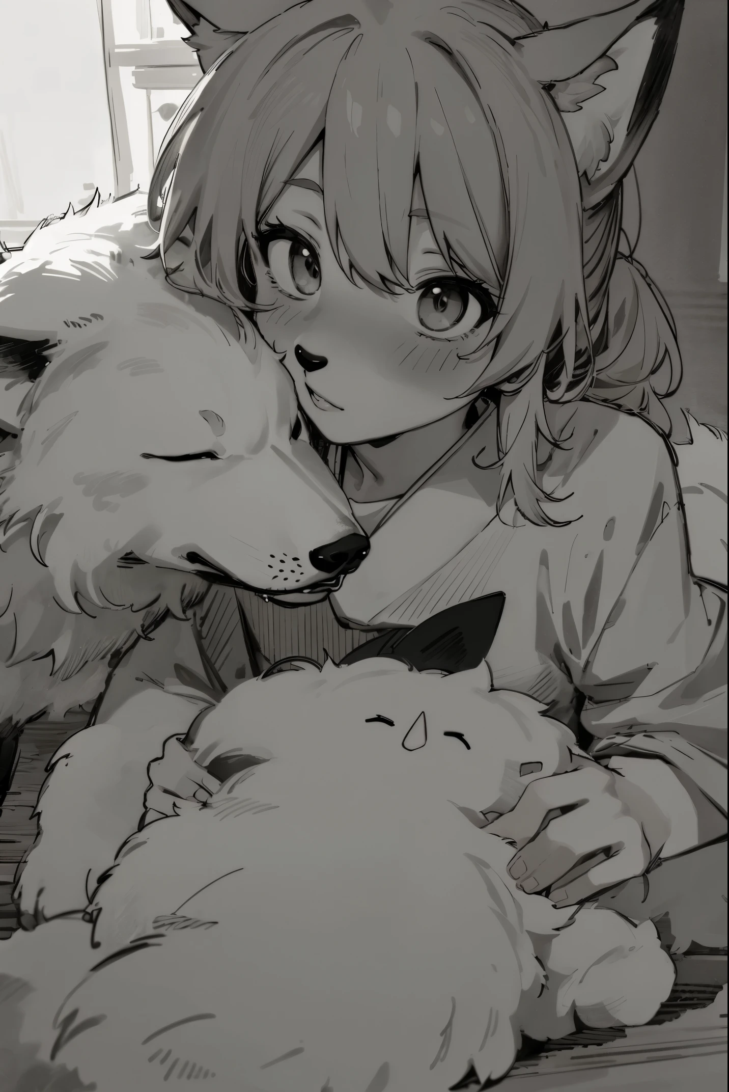 top quality, best quality, highres, unparalleled masterpiece, perfect artwork, paid reward available, indoor, couple of comics(super cute 1girl, 1wolf, kemono, furry anthro)tumblr, sosaku hanga, black and white manga page, manga page, doujin, ddlc, anime, comedy comic, black and white manga panel, zerochan,