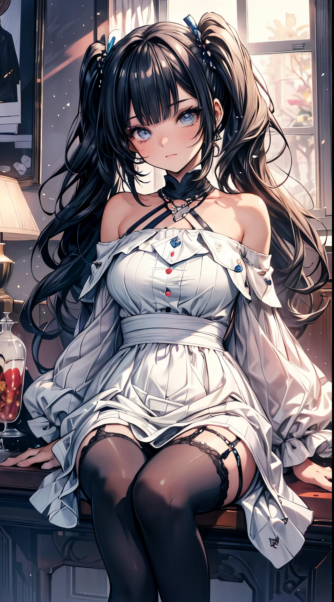 Color Halftone effect, Halftone Pattern, masterpiece, highest quality, High resolution, SA1, Floral off-the-shoulder dress, black stockings, Sparkly eyes, false eyelashes, twin tails, Cute atmosphere,