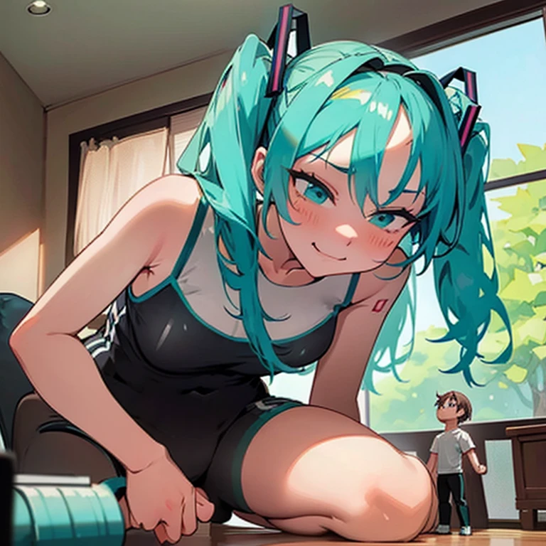 Masterpiece, Hatsune Miku, giantess, looming over tiny guy, indoors, glaring, smirk, intimidating, dominant, femdom, looking down on tiny guy, sitting on tiny guy, perspective of the tiny guy, gym clothes, rubbing underwear