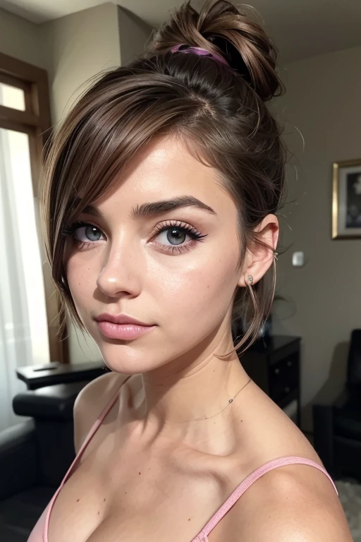 pussy, Belle fille, Marron_eyeeautiful mince adolescente de 18 ans, cheveux color [Brown highlights cheveux], [Pixie undercut] cheveux)), boucles d’oreilles, lèvres, Réaliste, taille étroite, charmant, pink lèvrestick, maquillage coloré, Cils longs, boucles d’oreilles, porter de l’eye-liner, peau claire, (mignon), (face détaillée), Yeux détaillés, Iris détaillé, en nuisette de nuit, pyjama,  