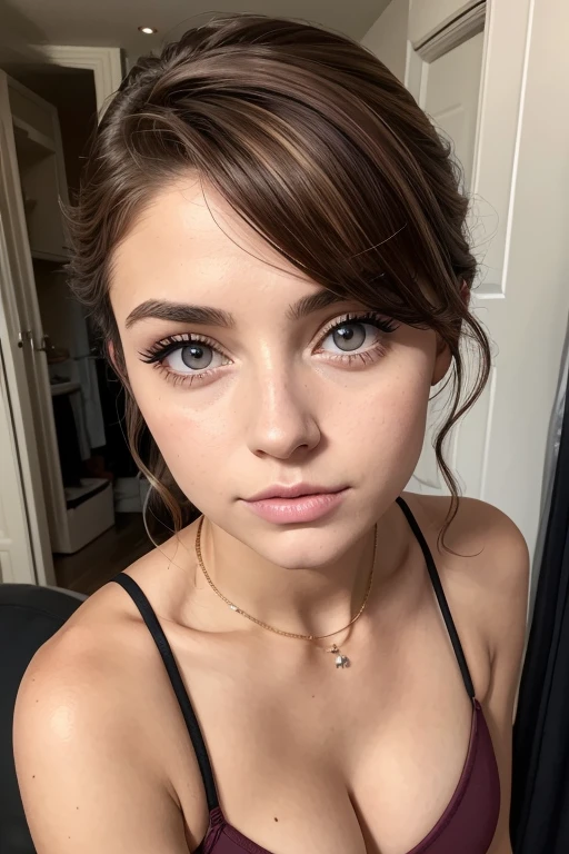 Belle fille, Marron_eyeeautiful mince adolescente de 18 ans, cheveux color [Brown highlights cheveux], [Pixie undercut] cheveux)), piercing nombril, lèvres, Réaliste, taille étroite, charmant, pink lèvrestick, maquillage coloré, Cils longs, boucles d’oreilles, porter de l’eye-liner, peau claire, (mignon), (face détaillée), Yeux détaillés, Iris détaillé, corp magnifique, corps athlétique, abdominaux prononcés sur l&#39, 