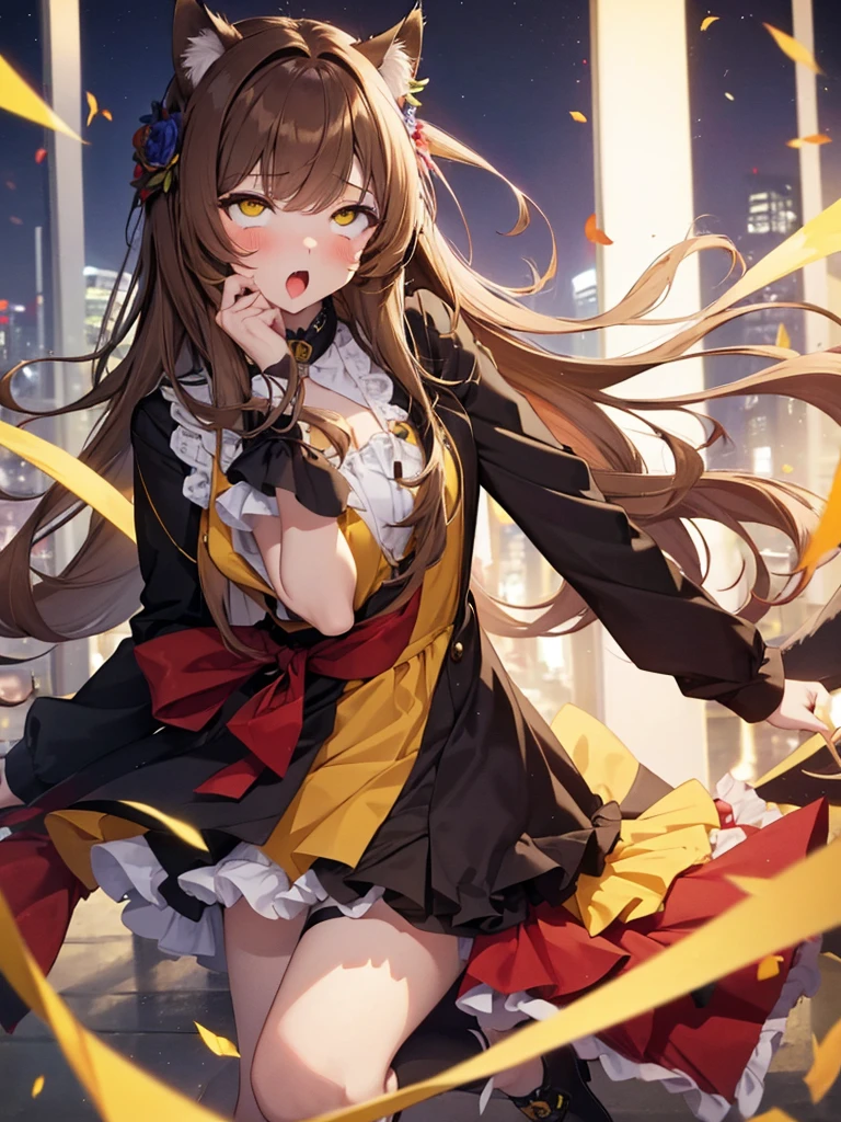 (8K, Best quality, masterpiece, ultra high resolution: 1.2), young woman, Catgirl, cat ears, cat tail, Brown hair, loose hair, Bang, yellow eyes, red tight suit, night, open mouth, gasped, blush, flowers,