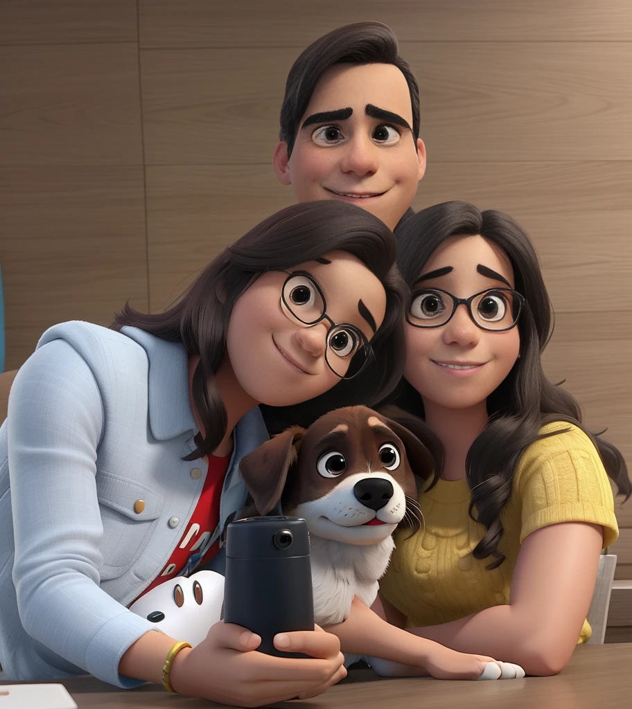 um homem, uma mulher, uma jovem e um cachorro estilo disney pixar, alta qualidade, melhor qualidade