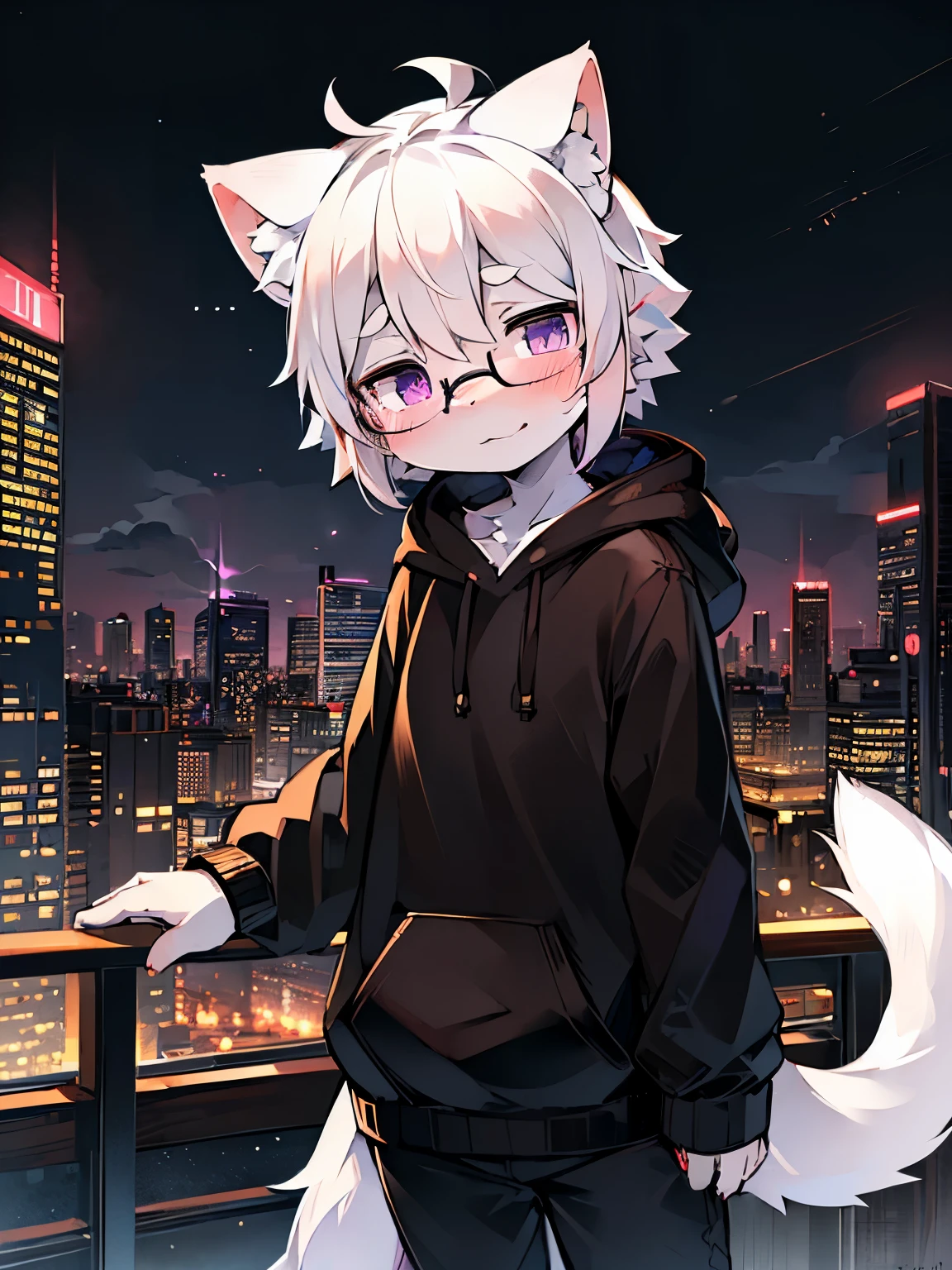 Solo, kemono, high details, 8k, ultra detailed, (by dagasi, by mochiri_work, by XueyeMika) ((white cat, white hair, tail, purple eyes, black hoodie, black short, black glasses)) (look at camera, stand, no smile) ultra high resolution, detail all accessories, masterpiece, city background, cyberpunk, night time, city and lake, neon light, colors not bright, smooth lightning (smooth line, detailed background, night time)