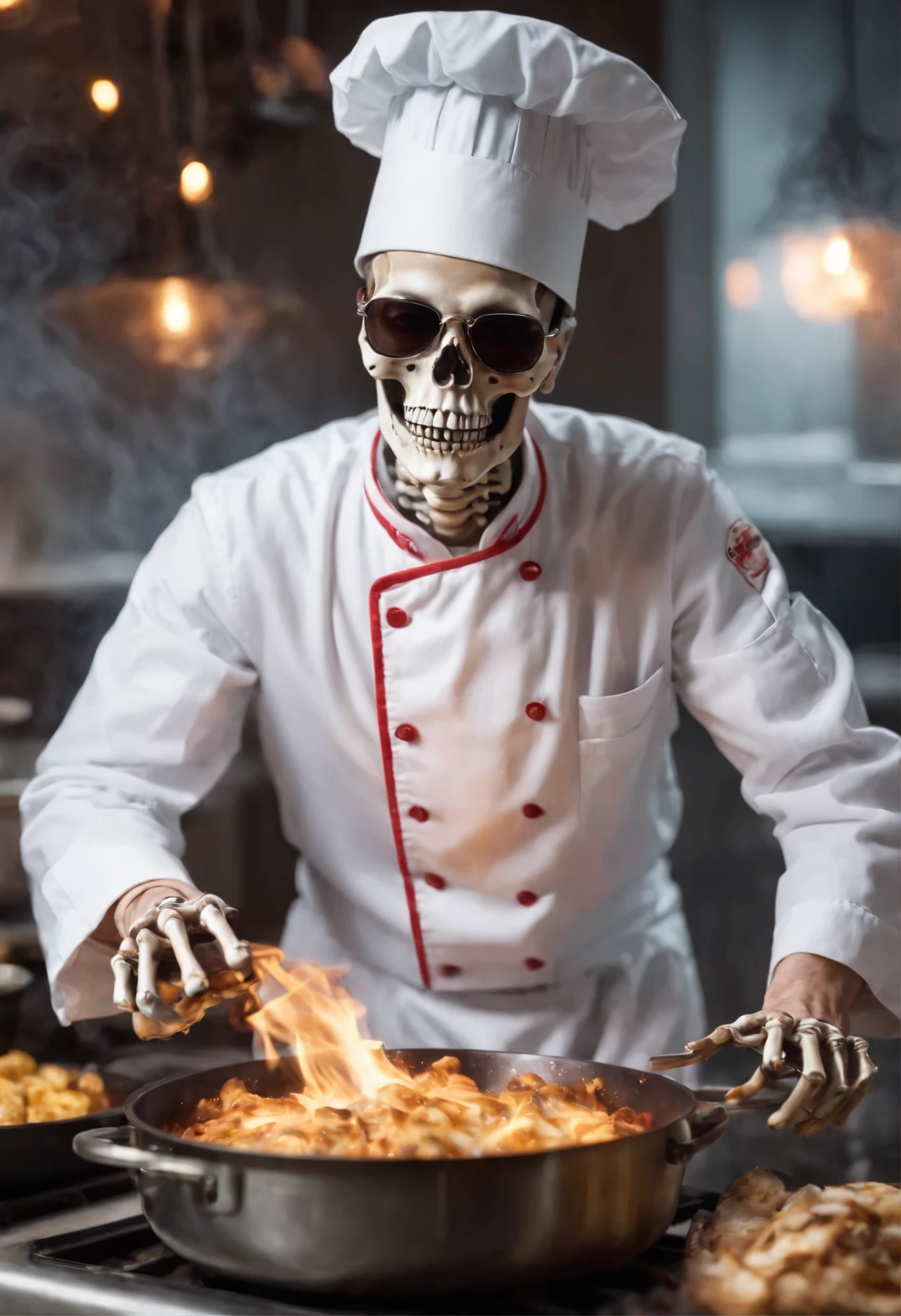 A skeleton chef wearing sunglasses , skeleton wearing chef hat, cooking food, food on fire , neon lights , 8k, high detail, wearing sunglasses, wearing headphones 