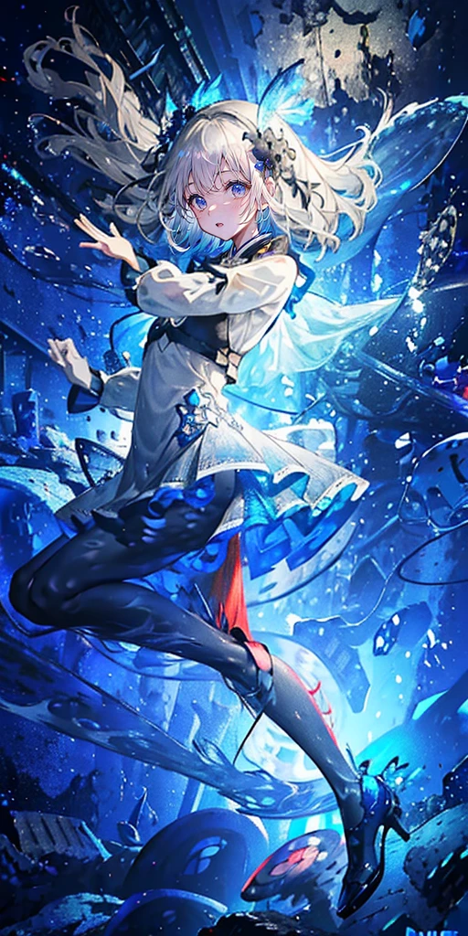 (muste piece), (best quality), very detailed, 1 girl, Solo Full Body Shot, perfect face, beautiful girl, very detailed face,(long gray hair:1.5),(blue eyes:1.4),(float:1.4),(in water:1.4),(jump:1.3),seabed,school of fish,Light,jellyfish,seaweed,Red fish,Yellow fish,deep sea,fantasy