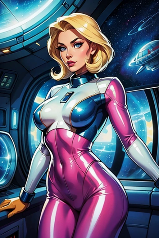 High quality,retro futurism space woman,blonde hair, beautiful face,long eyelashes,tight shine látex suit, minimum waist, scenario spaceship window over deep space