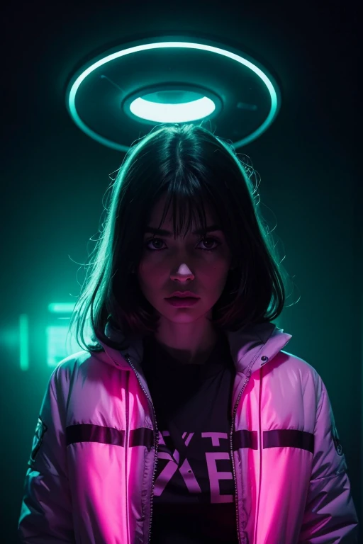 Fashion portrait color photography, Woman, Upper body, neon lights, The X-Files, Alien abduction
