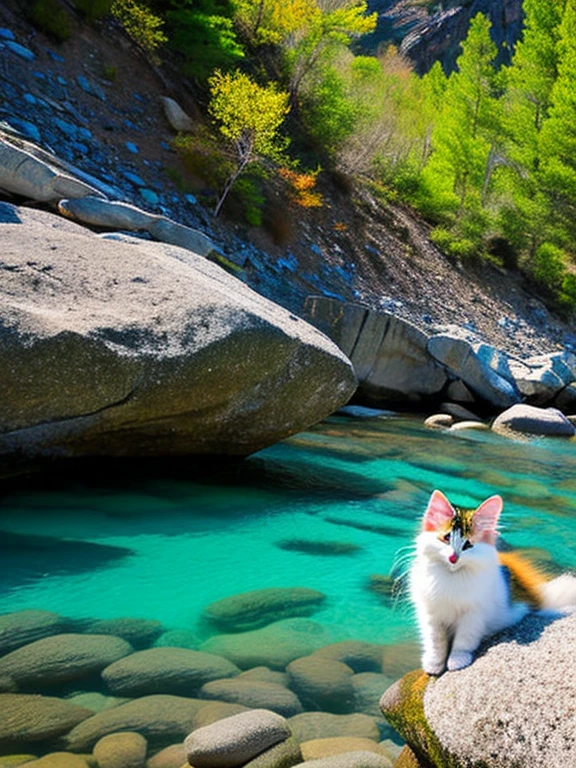 A cute fluffy kitten sunbathing on a pile of rocks,Etiquetas para mininos maullando.,Bosque Background,Lago glacial turquesa en la distancia,clear river,cielos azules claros,muy detallado,Horario estelar,luz suave natural,renderizado por octanaje,motor irreal,