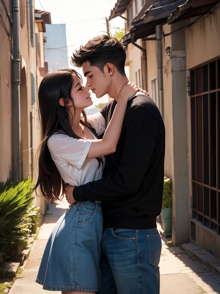 Realistic us Playful teenage 22 year cute boy lifting laughing teenage girl in 22 year beutifull girl with girl Pink colour hot top and jeans on the road with happy an ''rose'' and a on, wearing a White hoodie with name "Deva" boy, with back background with big capital letter name "henna", loving mood, hyper realistic.8k.