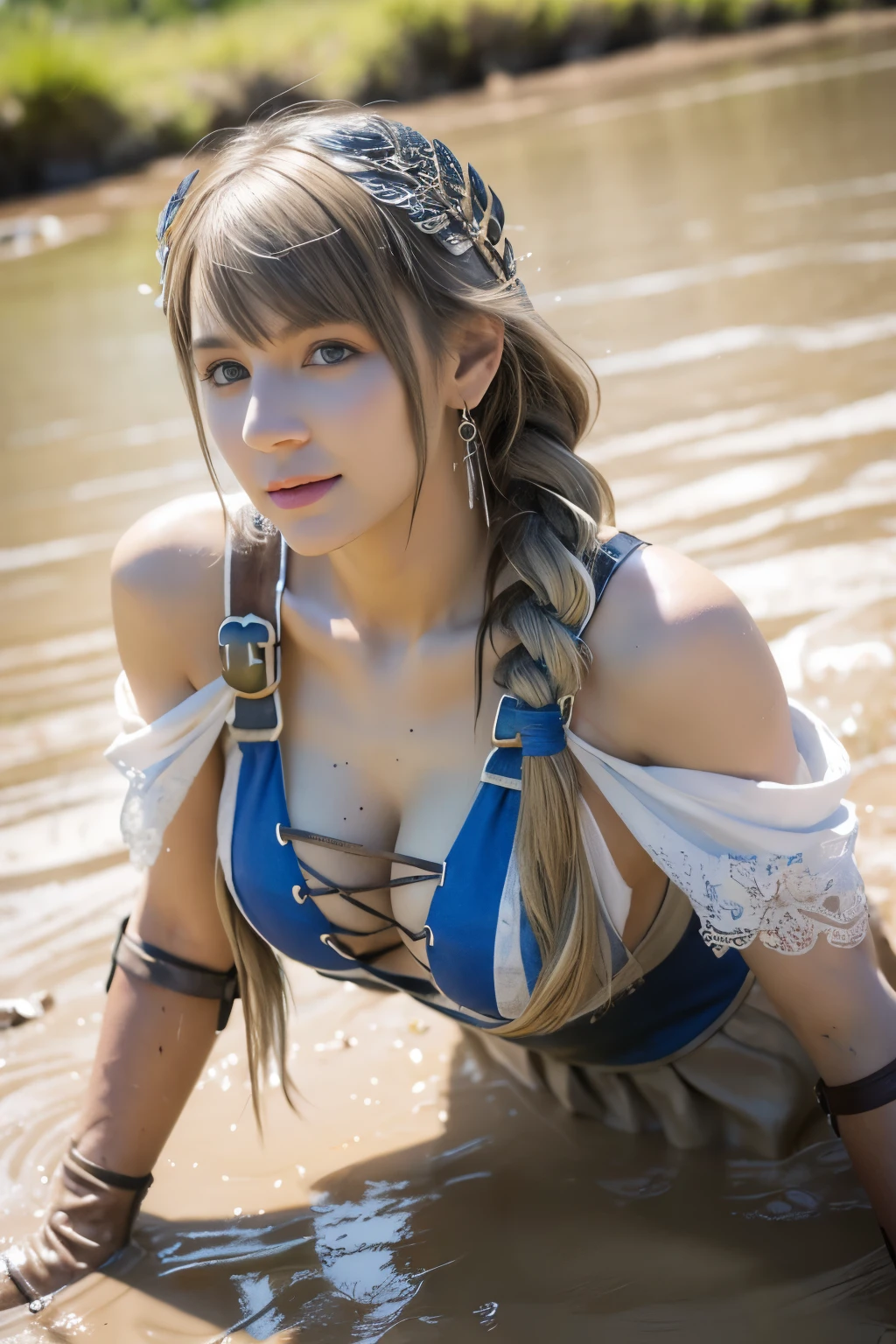 Dirty Sophitia,dirty sophitia,upper body up,close up of face,Sophitia with a pained expression on her face,Sophitia frowns.,surreal写真, 泥にdirty sophitia, open your mouth, bright red lipstick, Mud flows thickly over my body, high heels covered in mud, choker with mud, muddy decollete, There&#39;s mud on my face, Muddy face, 18 year old woman covered in mud,､ Underbust corset with mud splash, muddy white fishnet tights, hair covered in mud, muddy corset,  medium chest size, long legs,, Natural skin texture with plenty of mud, 4K texture,  outdoor atmosphere, surreal,Sophitia covered in mud,Sophitia covered in mud､blonde dirty hair,blonde long hair,Braid,blue eyes,jewelry,arm,cleavage,sword,armor,shield,earrings,single Braid,belt,covered nipples,armored ドレス,hair ornaments,holding arm,Very long blonde hair,lips,bare shoulders,bangs,gloves,hair ribbon,necklace,skirt,clavicle,feather,revealing clothes,bangle,elbow gloves,greek clothing,Braided ponytail,High resolution, scenery,masterpiece,very dirty clothes,dirty smell,lie on your back in the mud,swim in the mud,fall into the mud