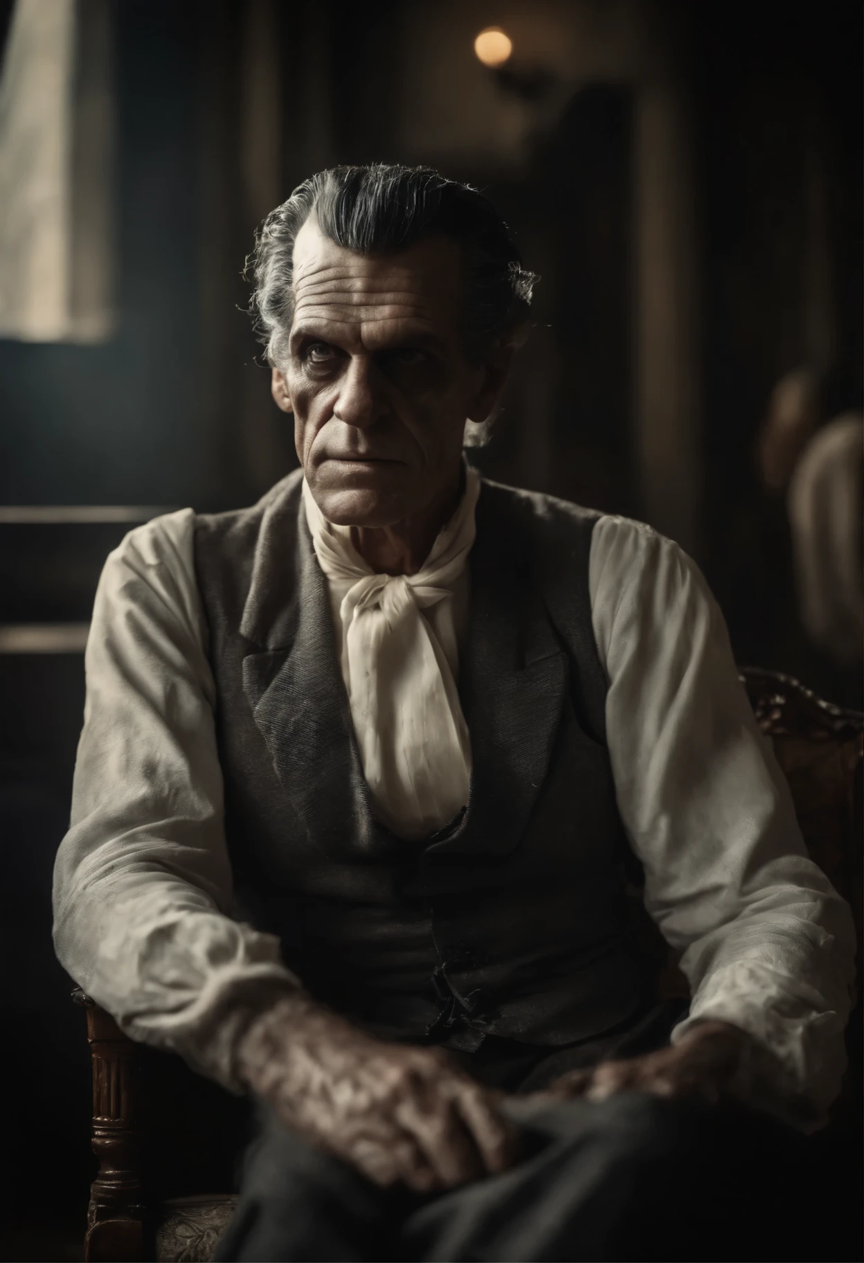 Monstro Frankenstein, podre, real, corpo inteiro, cabelo platinado branco neve, wearing old destroyed suit, ((hiper detalhado)), (not duplicated)