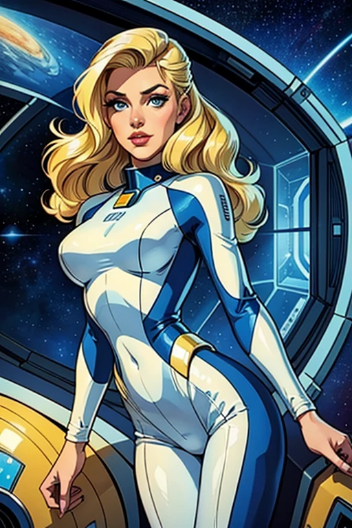 High quality,retro futurism space woman,blonde hair, beautiful face,long eyelashes,tight space suit, minimum waist, scenario spaceship window over deep space