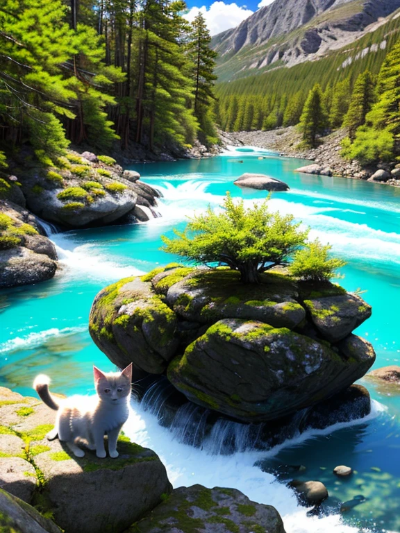A cute fluffy kitten sunbathing on a pile of rocks,Etiquetas para mininos maullando.,Bosque Background,Lago glacial turquesa en la distancia,clear river,cielos azules claros,muy detallado,Horario estelar,luz suave natural,renderizado por octanaje,motor irreal,
