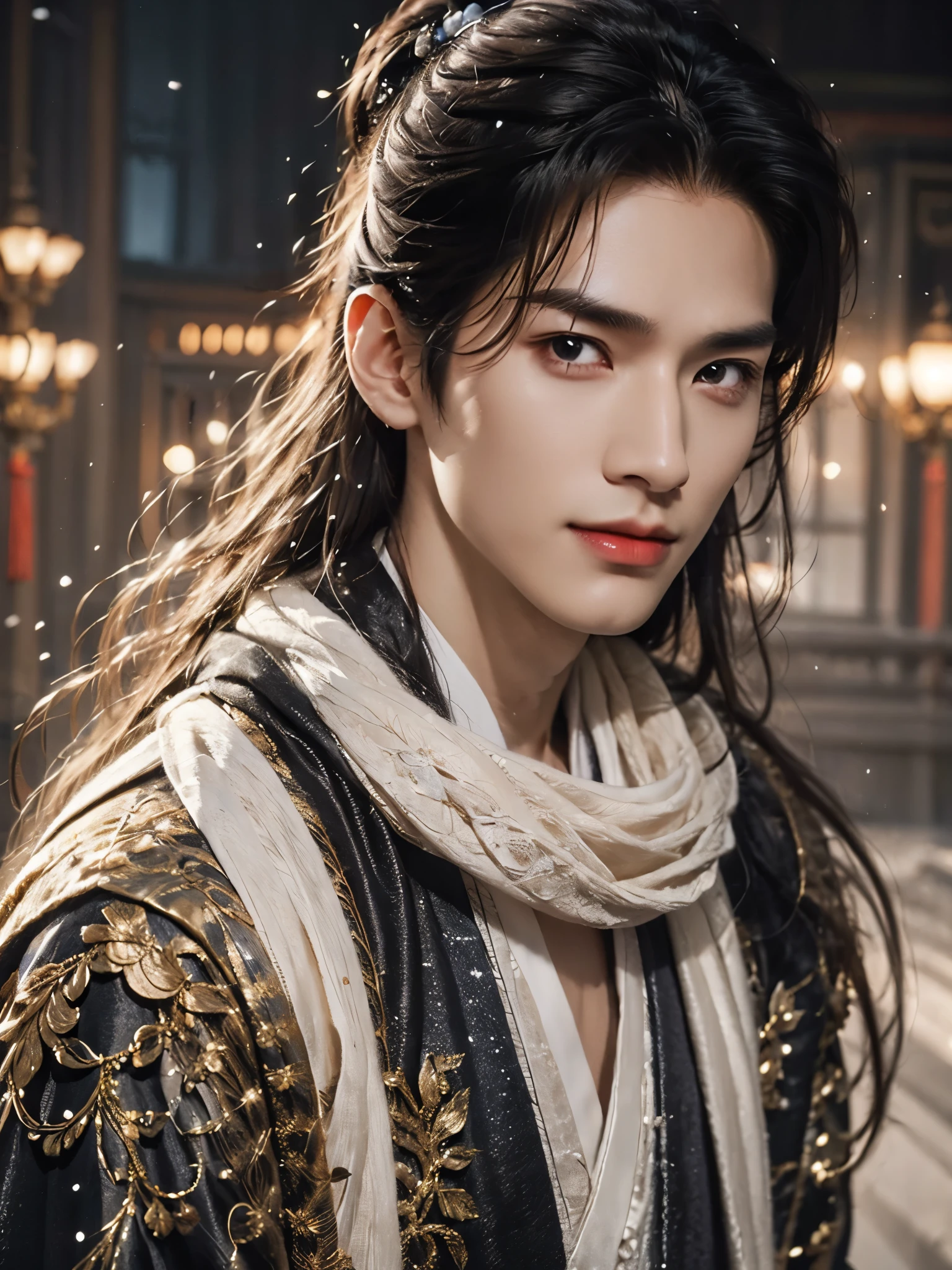 （male character design），（Close-up of smiling handsome Chinese man Pan An&#39;s face），（Pan An wears modern and fashionable men&#39;s black sweater,Suit pants：1.37），Pan An’s skin is fair and flawless，The bridge of his nose is high and straight，(long,Messy shawl hair：1.1），（double eyelids, Bright Eyes, Big clear and bright eyes），sad prince，Food with red lips and white teeth，gentle melancholy，Pan An is tall and tall.，He has a strong physique，Toned muscles，Fresh and toned abs, His exquisite facial features，Kingly style， messy black hair,Wind magic, background：Night view of the city highway，snow