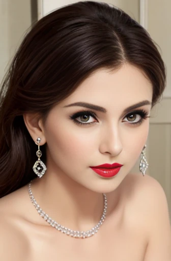 Lebanese woman, diamond dangling earrings, necklace, bracelets, small breasts, 40 years old, smokey eyes, nipples, red lips, innocent face, naked, stylish hairstyle, posing, modeling,