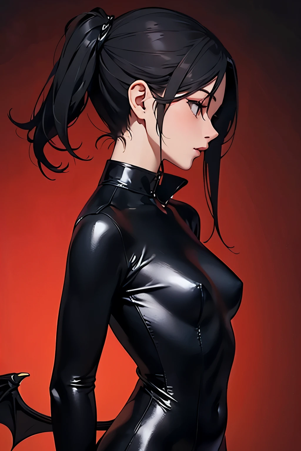 attractive succubus, wearing black body suit, profile shot