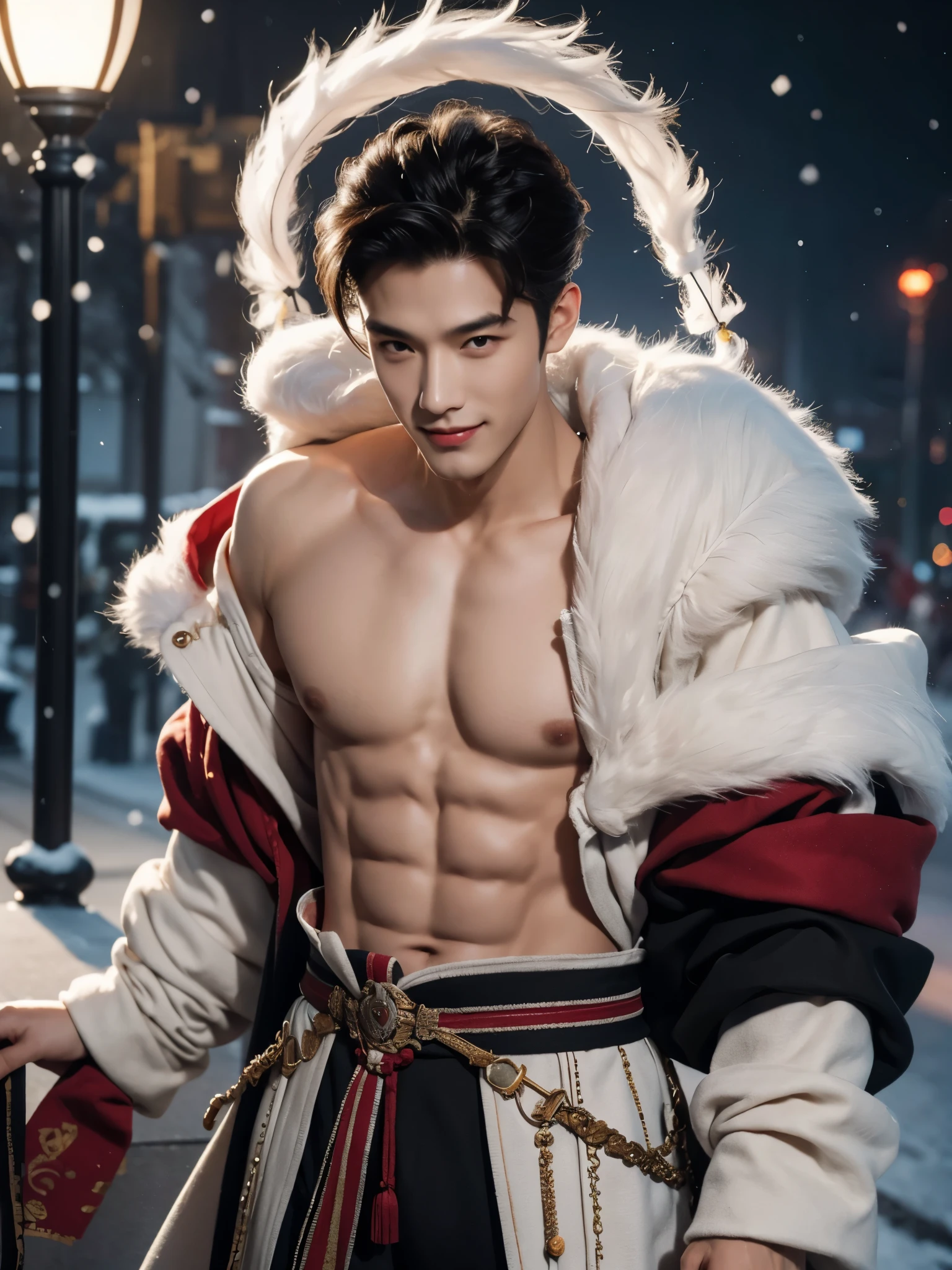 (male character design),(Close-up of smiling handsome Chinese man Pan An's face),(Pan An wears modern and fashionable men's black sweater,Suit pants:1.37),Pan An’s skin is fair and flawless,The bridge of his nose is high and straight,(long,Messy shawl hair:1.1),(double eyelids, Bright Eyes, Big clear and bright eyes),sad prince,Food with red lips and white teeth,gentle melancholy,Pan An is tall and tall.,He has a strong physique,Toned muscles,Fresh and toned abs, His exquisite facial features,Kingly style, messy black hair,Wind magic, background:Night view of the city highway,snow