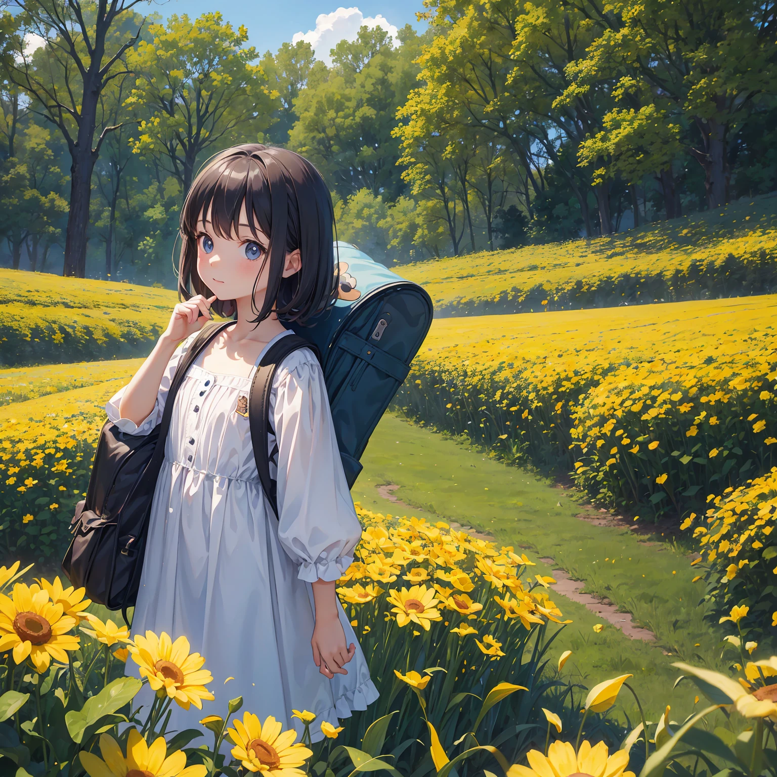 Tip: A very charming little girl with a backpack and her cute puppy enjoying a lovely spring outing surrounded by beautiful yellow flowers and nature. The illustration is a high-definition illustration in 4k resolution, featuring highly detailed facial features and cartoon-style visuals.