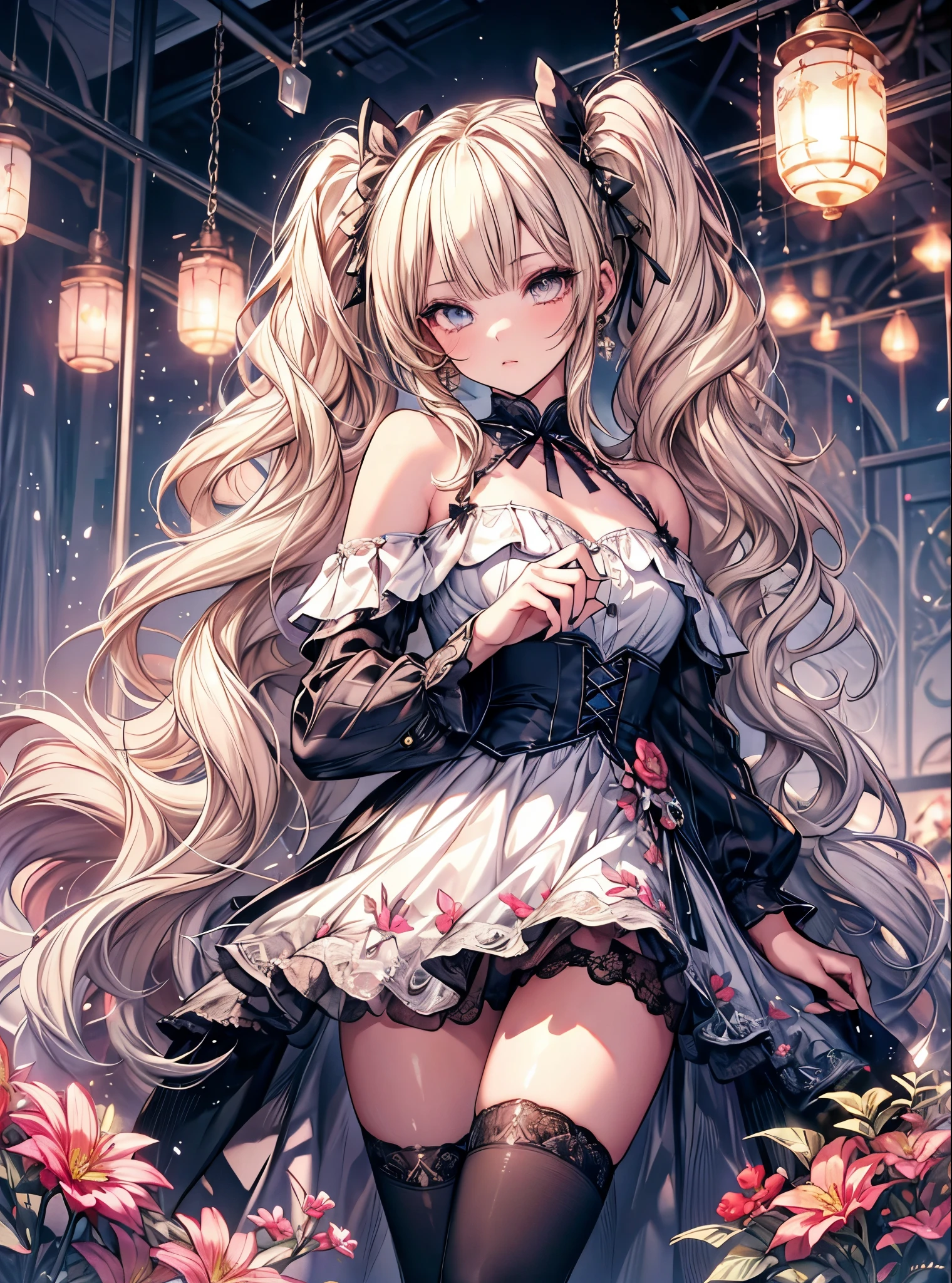 masterpiece, highest quality, High resolution, SA1, Floral off-the-shoulder dress, black stockings, Sparkly eyes, false eyelashes, Platinum Blonde Twin Tails, Cute atmosphere,