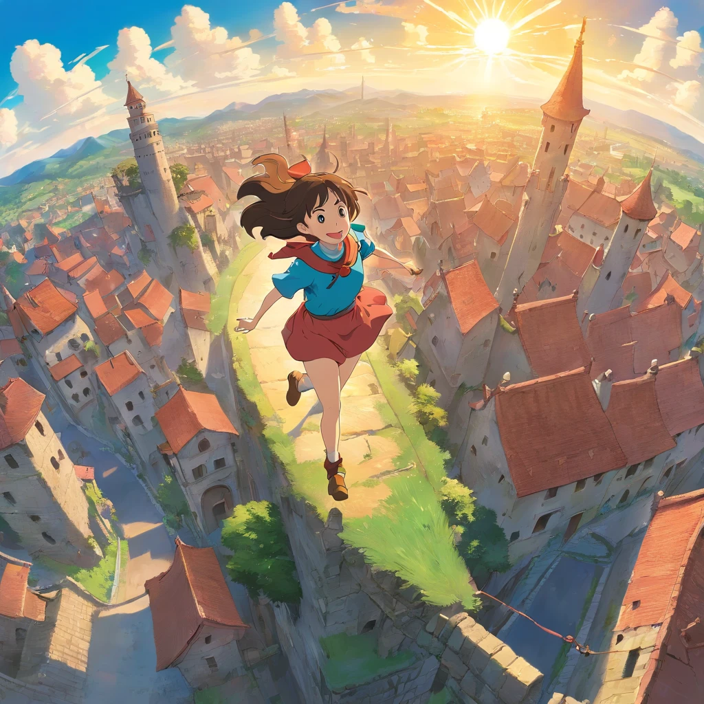 from above, girl riding in the sky、magic broom、Running, running, high-speed movement, dynamism, medieval cityscape, Large ruins, cloud, Sun 8K Style low