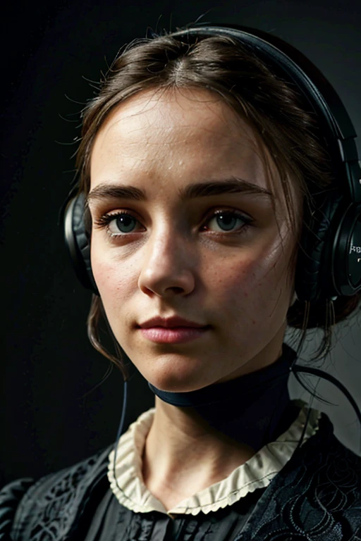 Jane Eyre with headphones, natural skin texture, 24mm, 4k textures, soft cinematic light, adobe lightroom, photolab, hdr, intricate, elegant, highly detailed, sharp focus, ((((cinematic look)))), soothing tones, insane details, intricate details, hyperdetailed, low contrast, soft cinematic light, dim colors, exposure blend, hdr, faded