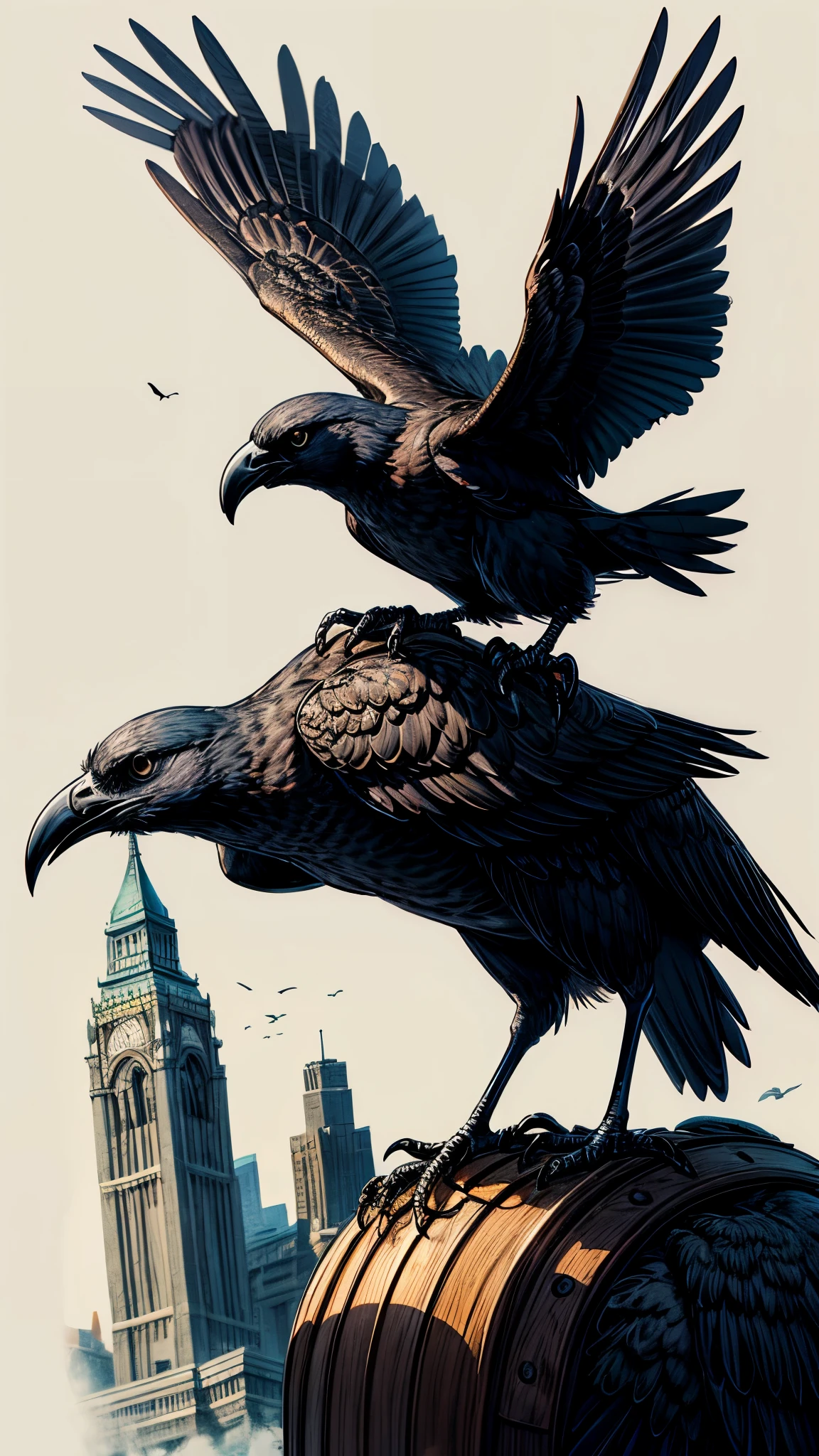 Illustration of a crow perched on an eagle's back