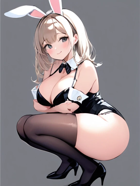 ultra-detailed,(best quality),((masterpiece)),(highres),original,extremely,kafuka, 1girl, solo, rabbit ears, animal ears, squatting, thighhighs, cleavage, looking at viewer, large breasts, smile, fake animal ears, white background, wrist cuffs, detached collar, playboy bunny, simple background, high heels, black thighhighs, closed mouth, coat, garter straps, leotard, coat on shoulders, arm under breasts