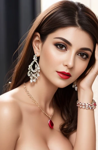 Lebanese woman, diamond dangling earrings, necklace, bracelets, small breasts, 40 years old, smokey eyes, nipples, red lips, innocent face, naked, stylish hairstyle, posing, modeling,