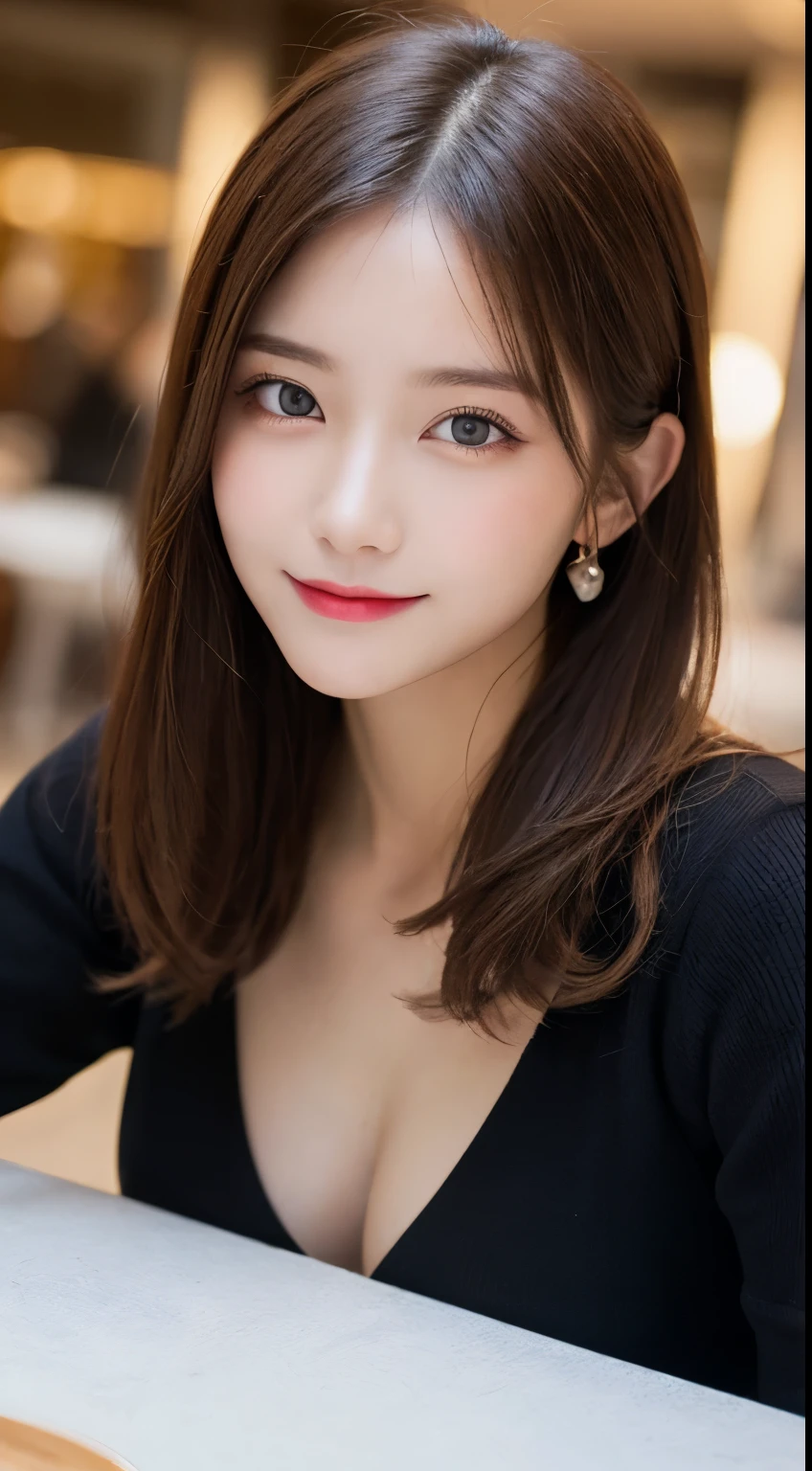 table top, highest quality, shape, Super detailed, finely, High resolution, 8k wallpaper, 完璧なダイナミックな構shape, beautiful and detailed eyes, medium hair, small breasts, natural color lip, random jaguar pose,smile,big city、20 year old girl、midnight、beautiful and detailed face、perfect and beautiful face,Big eyes、beautiful detailed face、blur the background、latest trend luxury winter dresses(black、setting)、pretty face