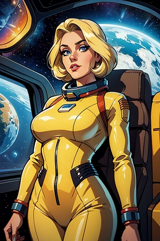 High quality,retro futurism space woman,blonde hair, beautiful face,long eyelashes,brown space suit, minimum waist, scenario spaceship window over deep space