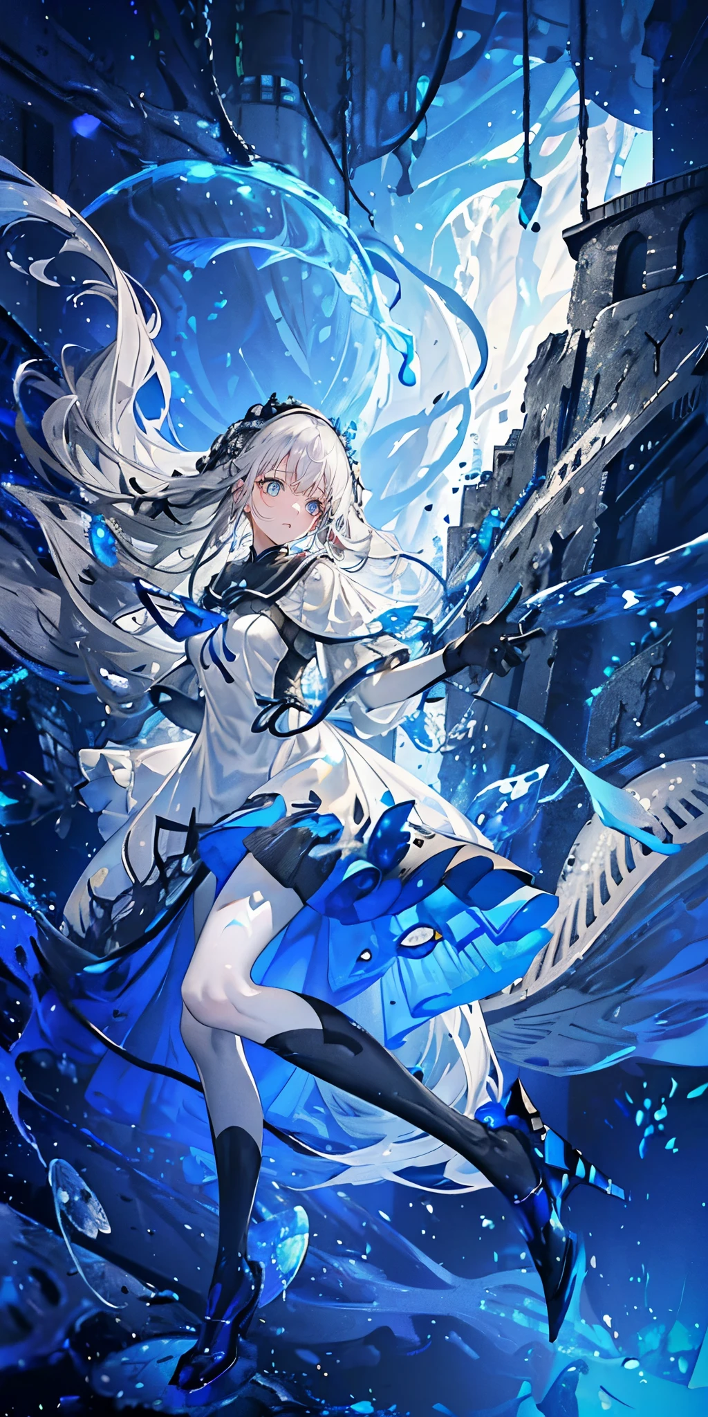 (muste piece), (best quality), very detailed, 1 girl, Solo Full Body Shot, perfect face, beautiful girl, very detailed face,(long gray hair:1.5),(blue eyes:1.4),(float:1.4),(in water:1.4),(float:1.3),seabed,school of fish,Light,jellyfish,seaweed,Red fish,Yellow fish,deep sea,fantasy