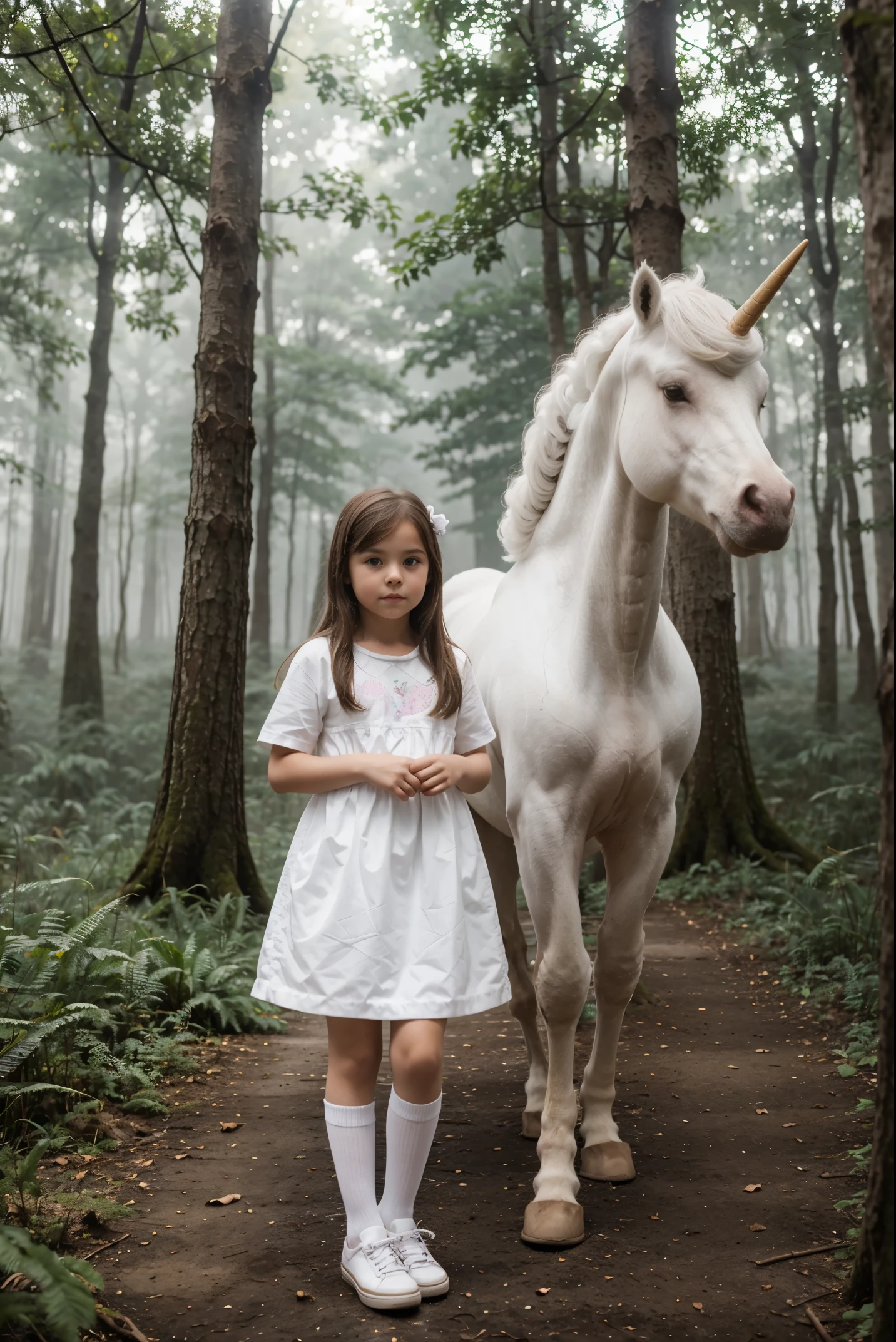 A  with brown hair in white shoes stands in a misty forest with a white unicorn