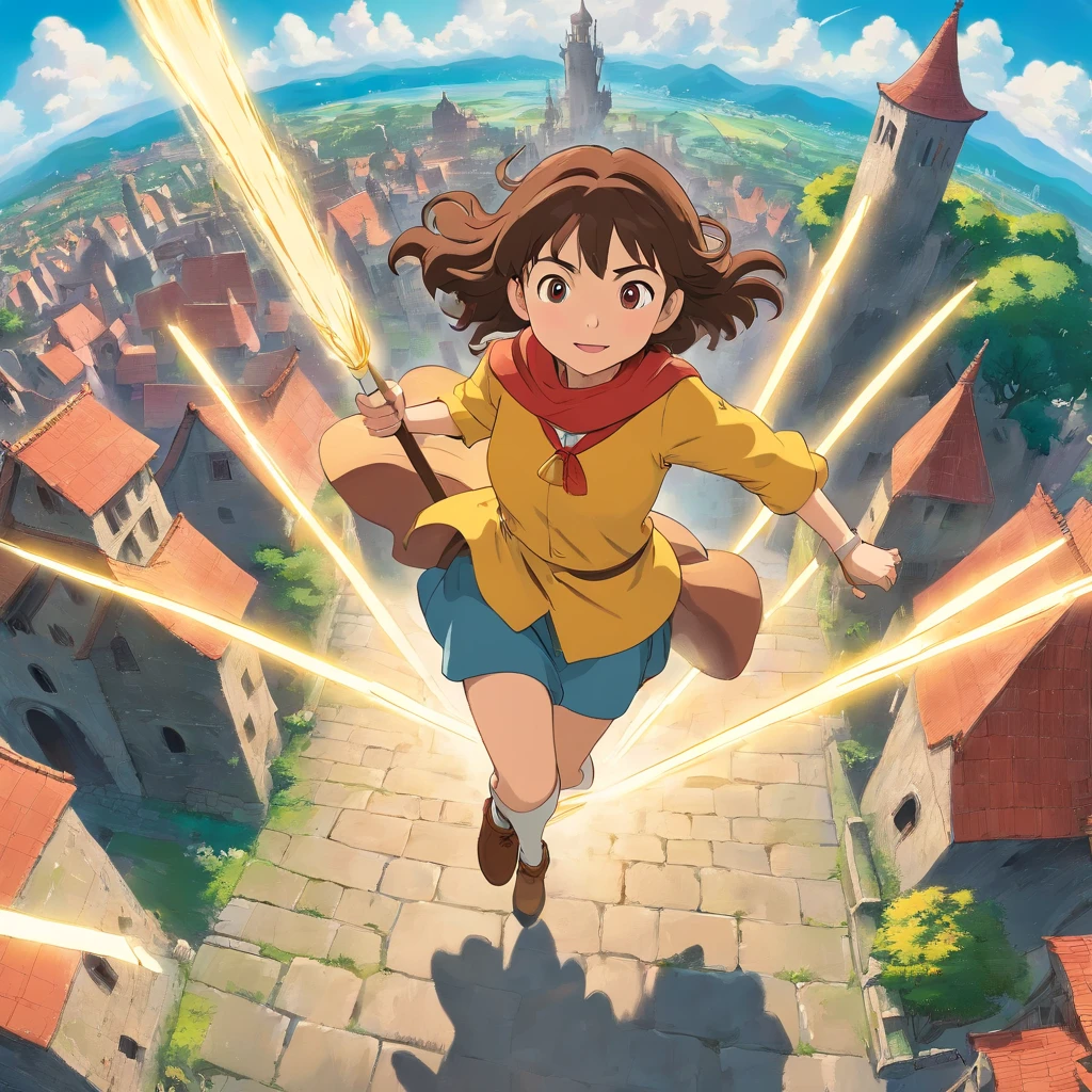 from above, girl、ride the magic broom、wizard、Running, running, high-speed movement, dynamism, medieval cityscape, Large ruins, cloud, Sun 8K Style low