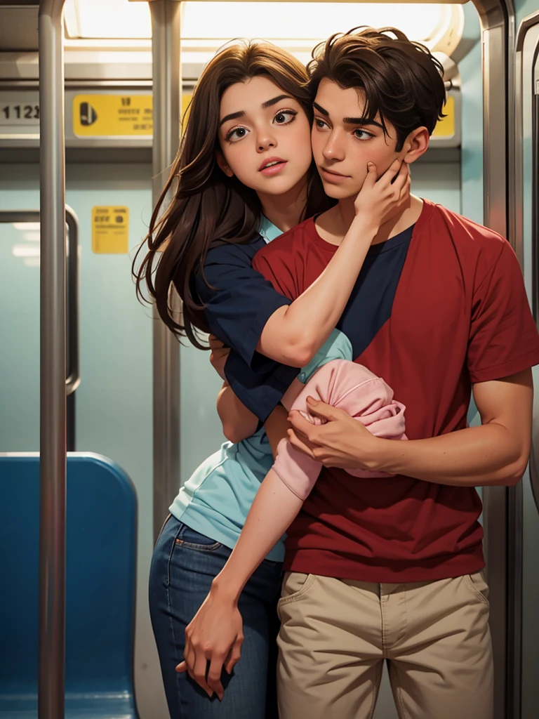 A boy and a girl in their 20s hugging each other, lindo casal, him holding her from behind on the subway (imagem detalhada, sem defeitos)