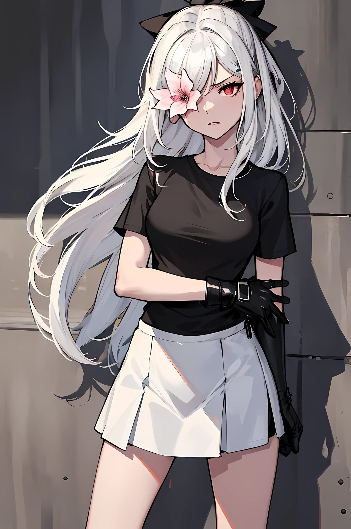 (absurdres, 8k, 4k, masterpiece, hyper extreme detailed:1.2), solo, 1girl, front view, portrait, solo, standing, female, perfect anatomy, perfect face, expressive eyes, red eyes, flower eye, long hair, black ribbon, black metallic arm, annoyed, cowboy shot, full body, medium breasts, solo, front view, flower over eye, long hair, white hair, cowboy shot, skirt, standing, White Graphic t-shirt, 1girl, flower over eye, long hair, breasts, white hair, medium breasts, (black_panties:0.9), perfect anatomy,