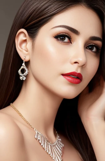 Lebanese woman, diamond dangling earrings, necklace, bracelets, small breasts, 40 years old, smokey eyes, nipples, red lips, innocent face, naked, stylish hairstyle, posing, modeling, radiant skin, oily skin