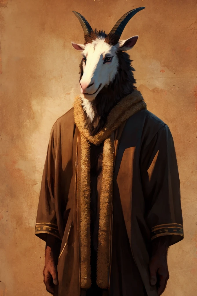 A furry anthro Goat standing solo, naked with hands behind his back. He has a large thick exposed ?????. The artwork is high-quality (best quality, 4k, ultra-detailed) with a plain background and front view. The Goat is depicted in a realistic and photorealistic style with vivid colors and sharp focus. The lighting is professionally done, creating a visually stunning image. The medium used is digital illustration, ensuring a high level of precision and detail. This artwork is inspired by the artist bebebebebe and reflects their unique artistic style.