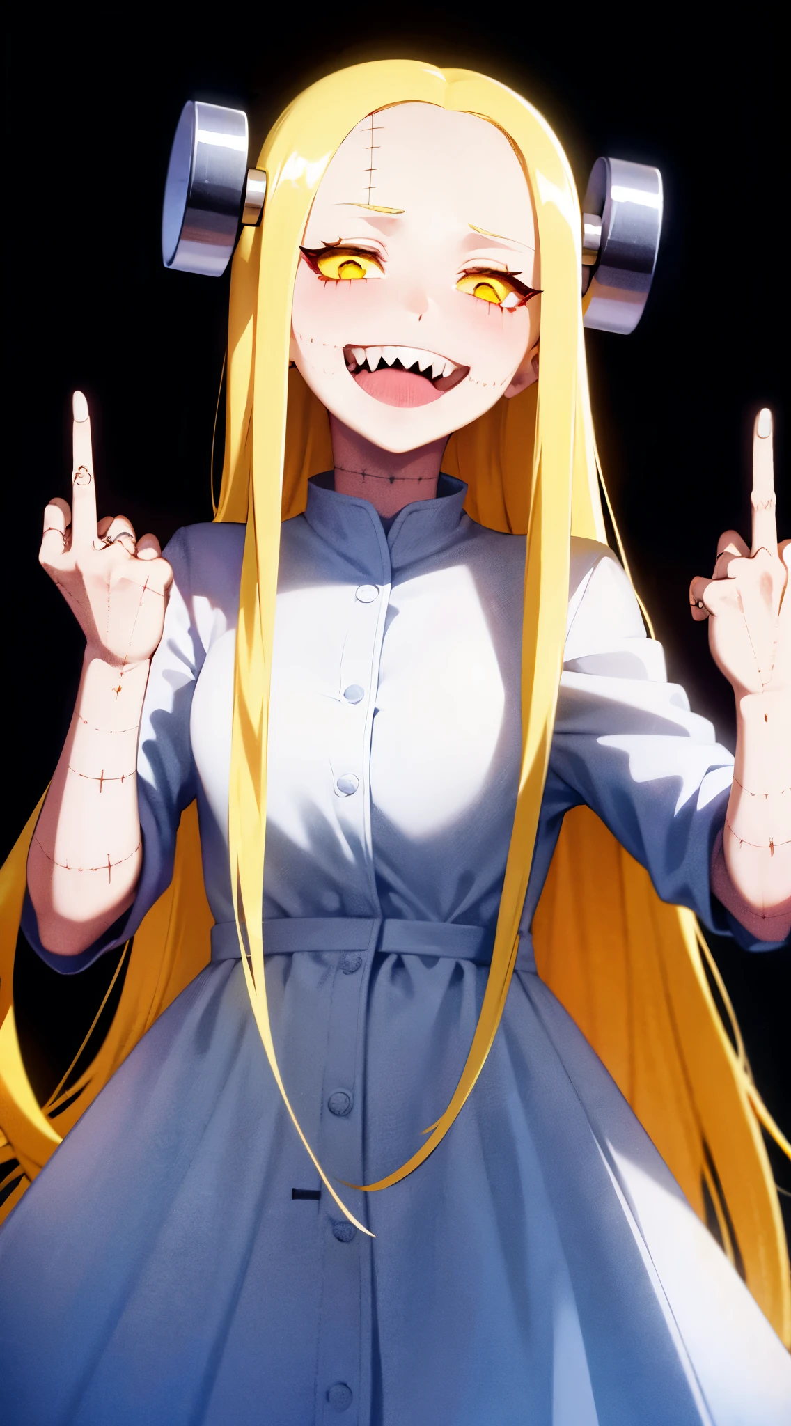 Fran,young woman,white robe ,,((shows middle fingers )),angry, long hair , yellow hair,seams , Scars on the body , (A creepy look) , scary eyes,sharp teeth ,(((creepy smile))) ,