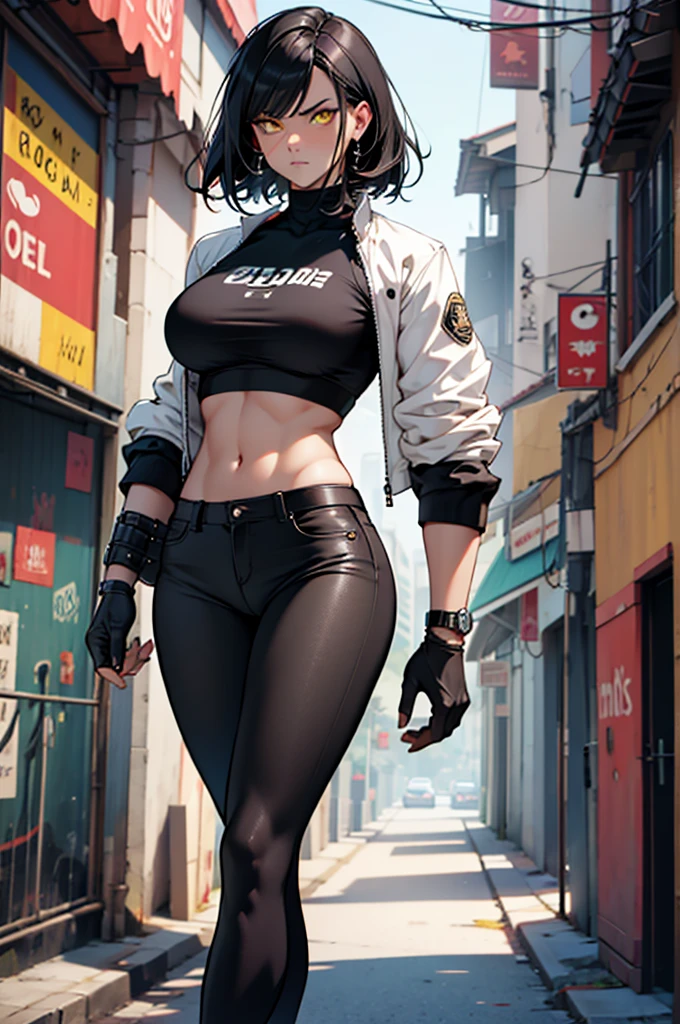 perfect anatomy girl muscular girl toned body girl large breasts girl thick girl angry girl best quality girl black hair girl yellow eyes girl pale girl pale girl,linda mulher morena, musculosa , usando short legging withe, meia calça preta, cabelo curto, belos olhos, olhos lindos, amarelos, camisa branca, jaqueta de couro preta, shorts, short legging white, cidade beco escuro pantyhose black
